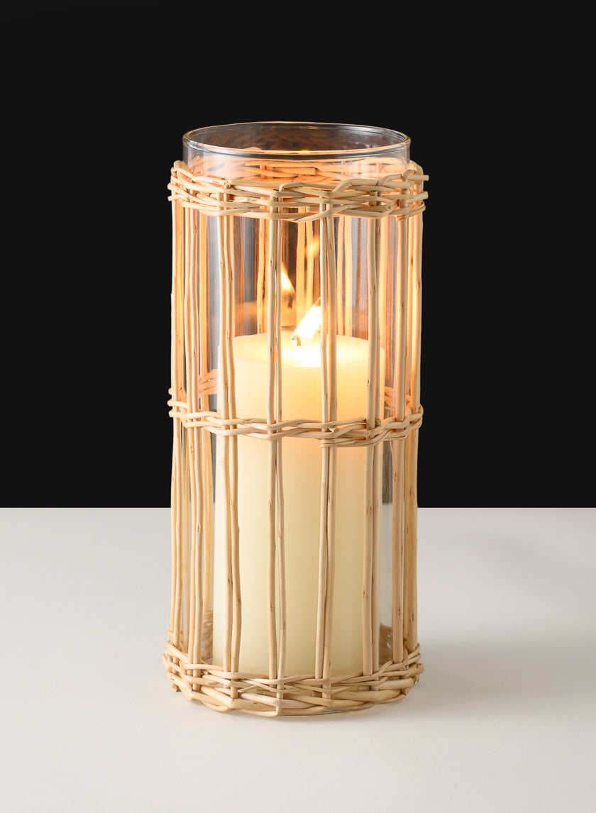 10in Tall Halong Cane Weaved Glass Cylinder Decor Jamali-garden