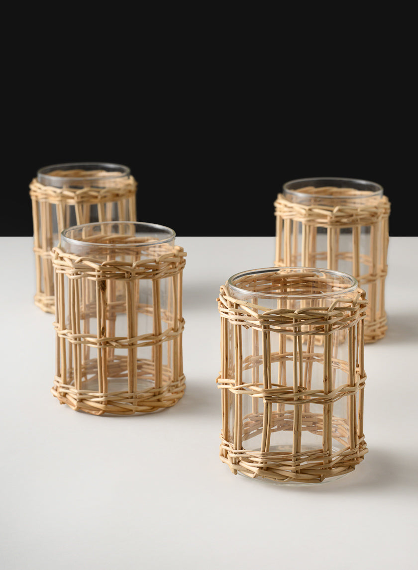 4.5in Tall Halong Cane Weaved Short Glass Cylinder Decor Jamali-garden