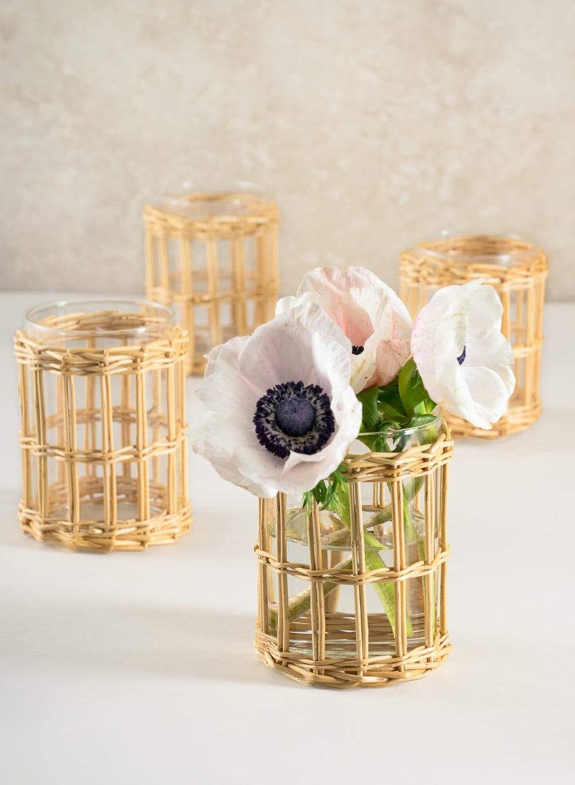 4.5in Tall Halong Cane Weaved Short Glass Cylinder Decor Jamali-garden