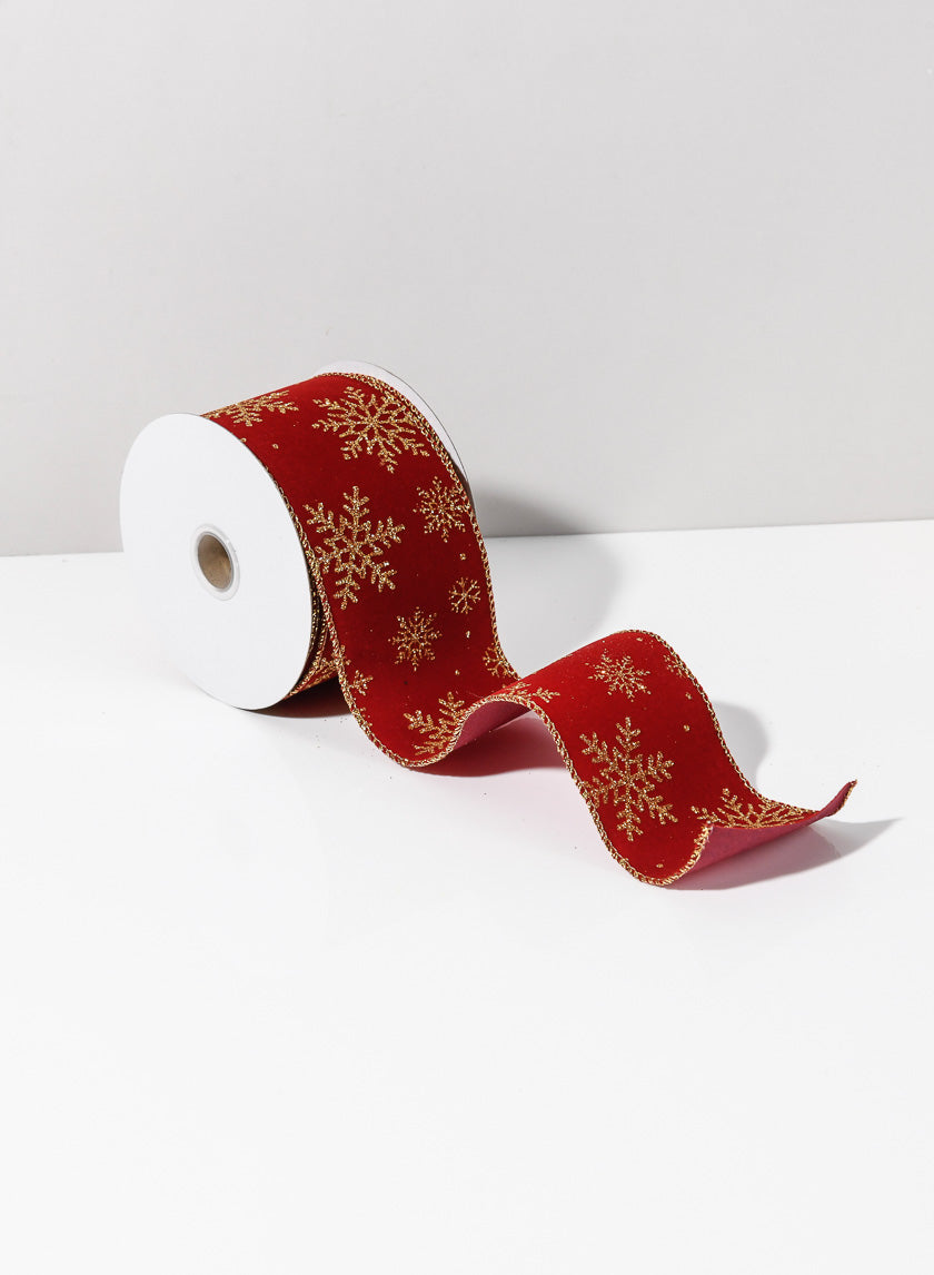 30ft Roll Ribbon - Red Flock W/Gold Glitter Snowflake Decor Jamali-garden