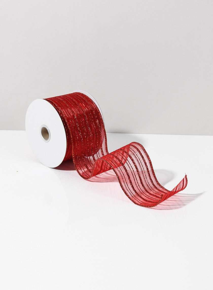 30ft Roll Ribbon -Sheer W/ Red Glitter Stripe Decor Jamali-garden