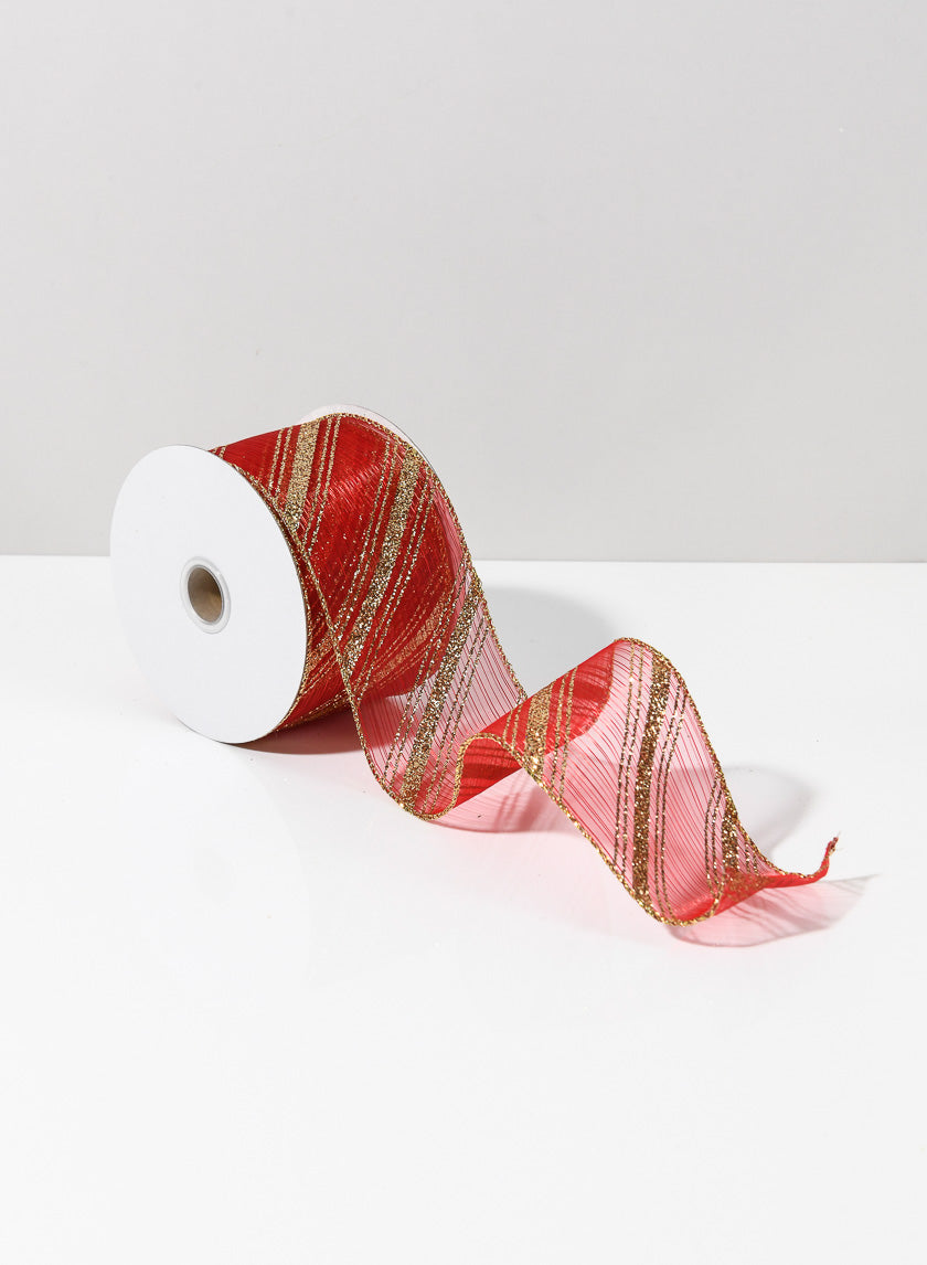 30ft Roll Ribbon - Red Sheer W/Gold Glitter Decor Jamali-garden