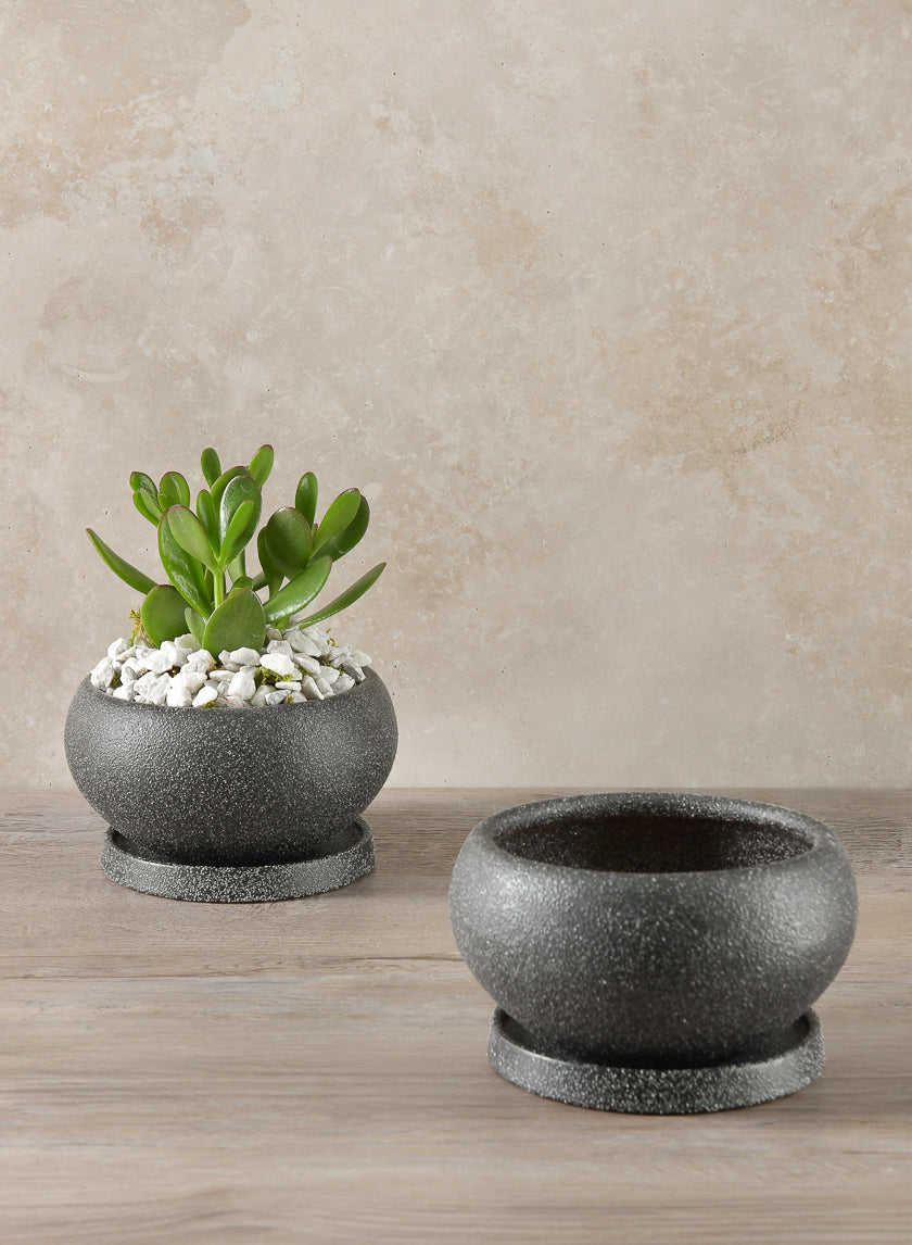 6in Wide Vasteras Sand Black Low Ceramic Pot with Saucer Decor Jamali-garden