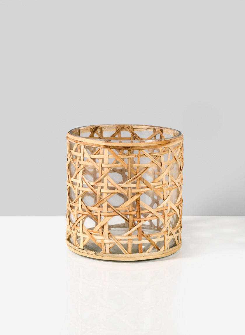 4.75in Tall Saigon Cane Wrapped Glass Tea Light Holder Decor Jamali-garden
