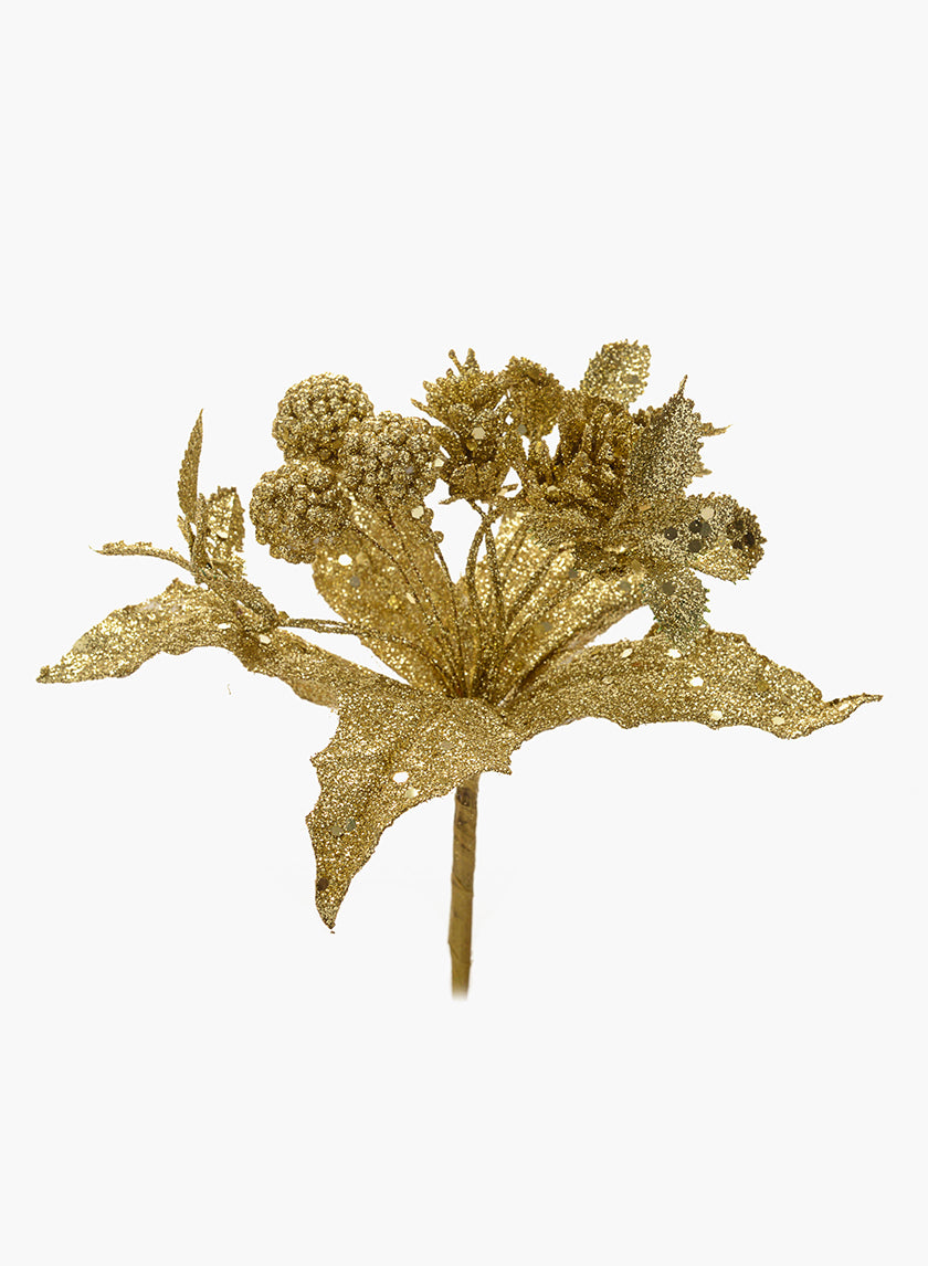 7in Long Gold Glitter Flower Pick Decor Jamali-garden