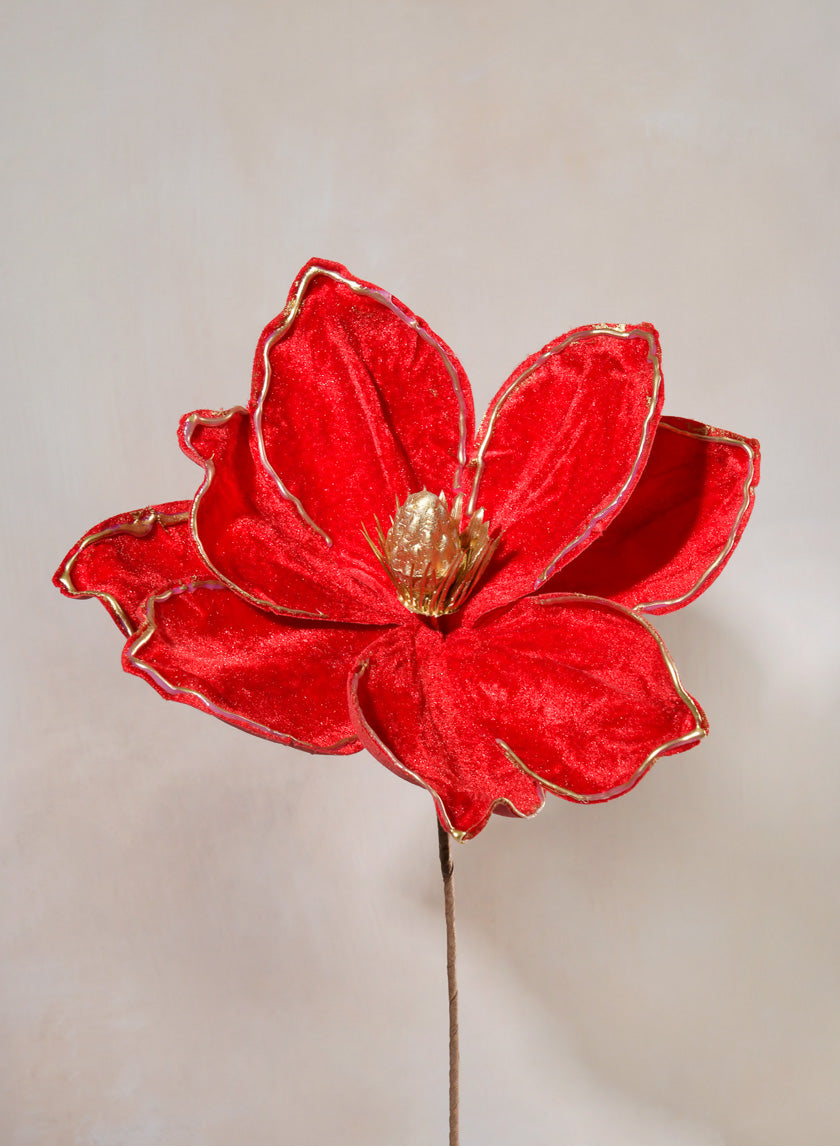 12in Long Flocked Red Magnolia Pick Decor Jamali-garden