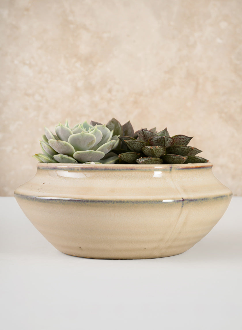 5.5in Wide Ivory Glaze Ceramic Ikebana Bowl Decor Jamali-garden