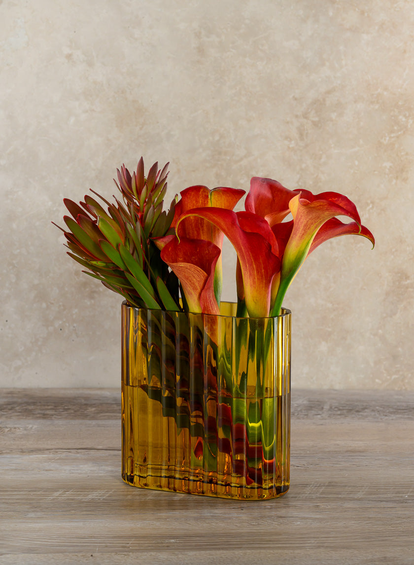 Amber Pleated Glass Cylinder and Oval Vase Decor Jamali-garden