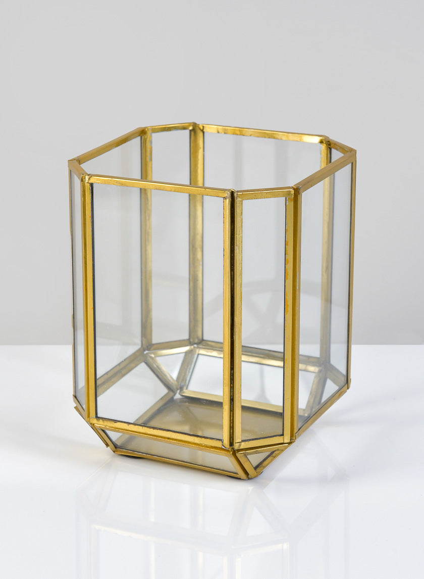 6in Tall Fatemeh Gold Trim Glass Panel Candle Holder Decor Jamali-garden
