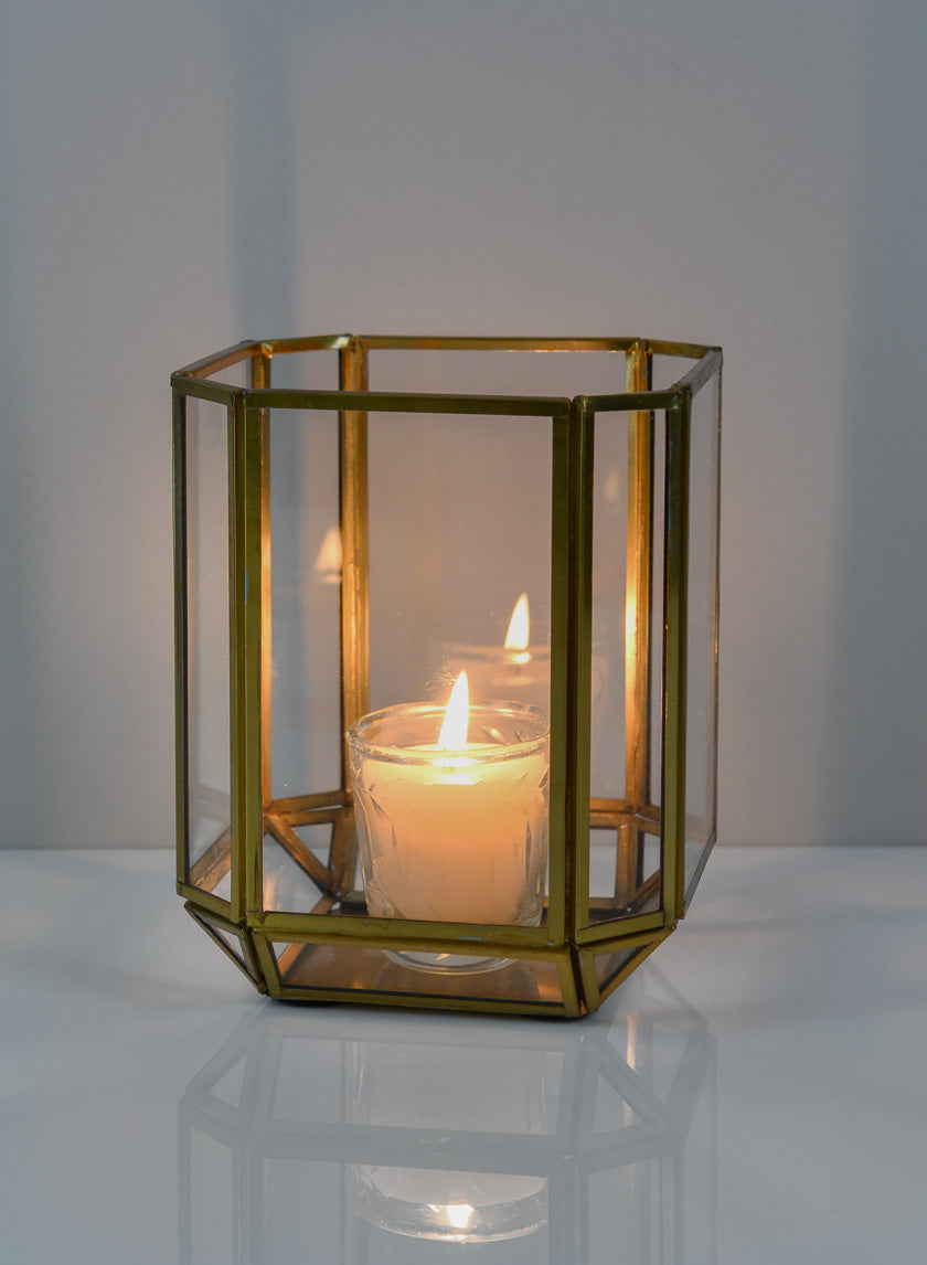 6in Tall Fatemeh Gold Trim Glass Panel Candle Holder Decor Jamali-garden