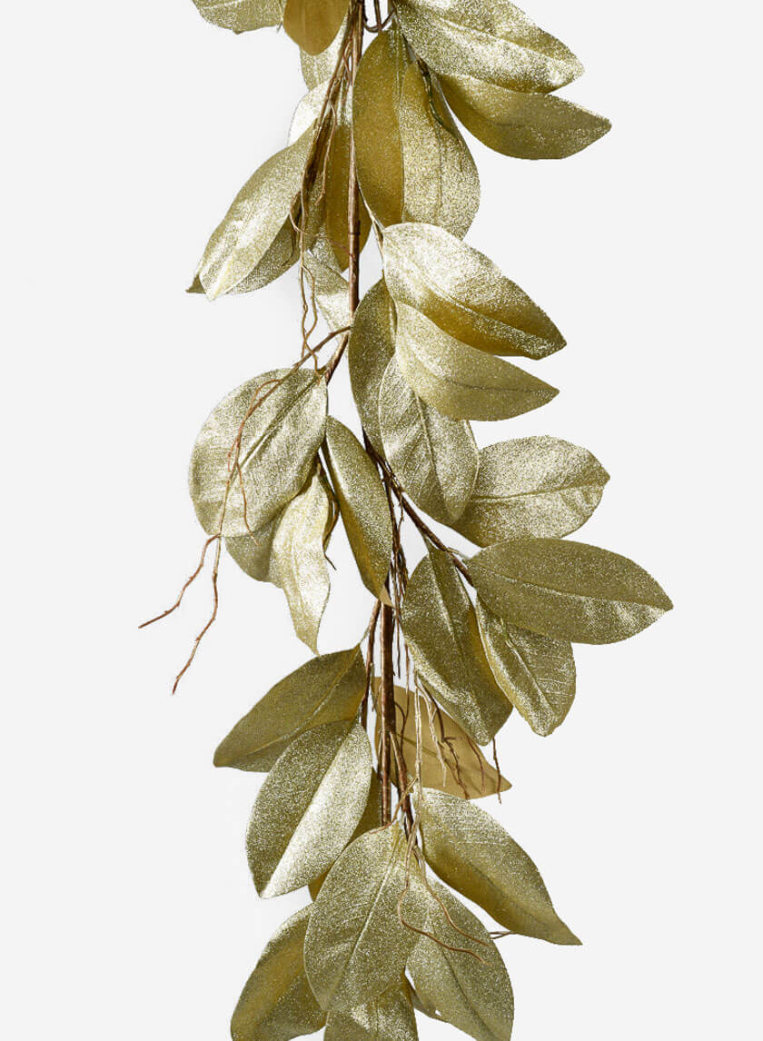 55in Long Glittered Gold Magnolia Leaf Garland Decor Jamali-garden