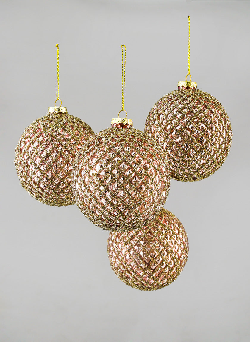 4in Round Glittered Rose Gold Hobnail Glass Ornament Ball Decor Jamali-garden