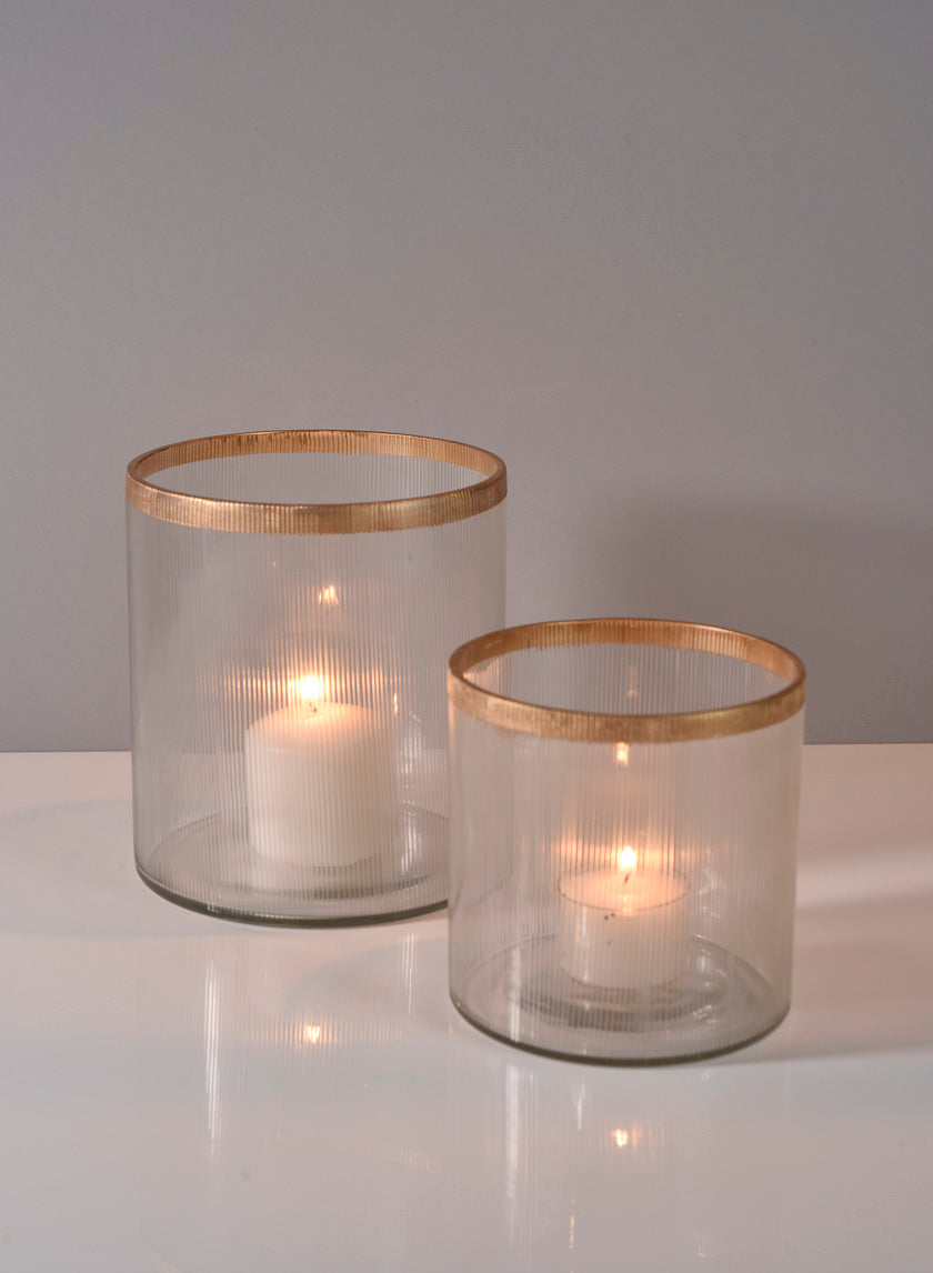 5.5in Tall Gold Rim Ribbed Glass Candle Hurricane Decor Jamali-garden