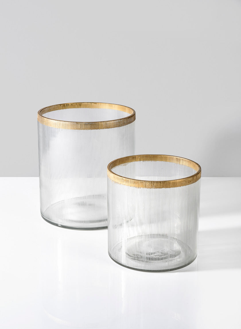 5.5in Tall Gold Rim Ribbed Glass Candle Hurricane Decor Jamali-garden