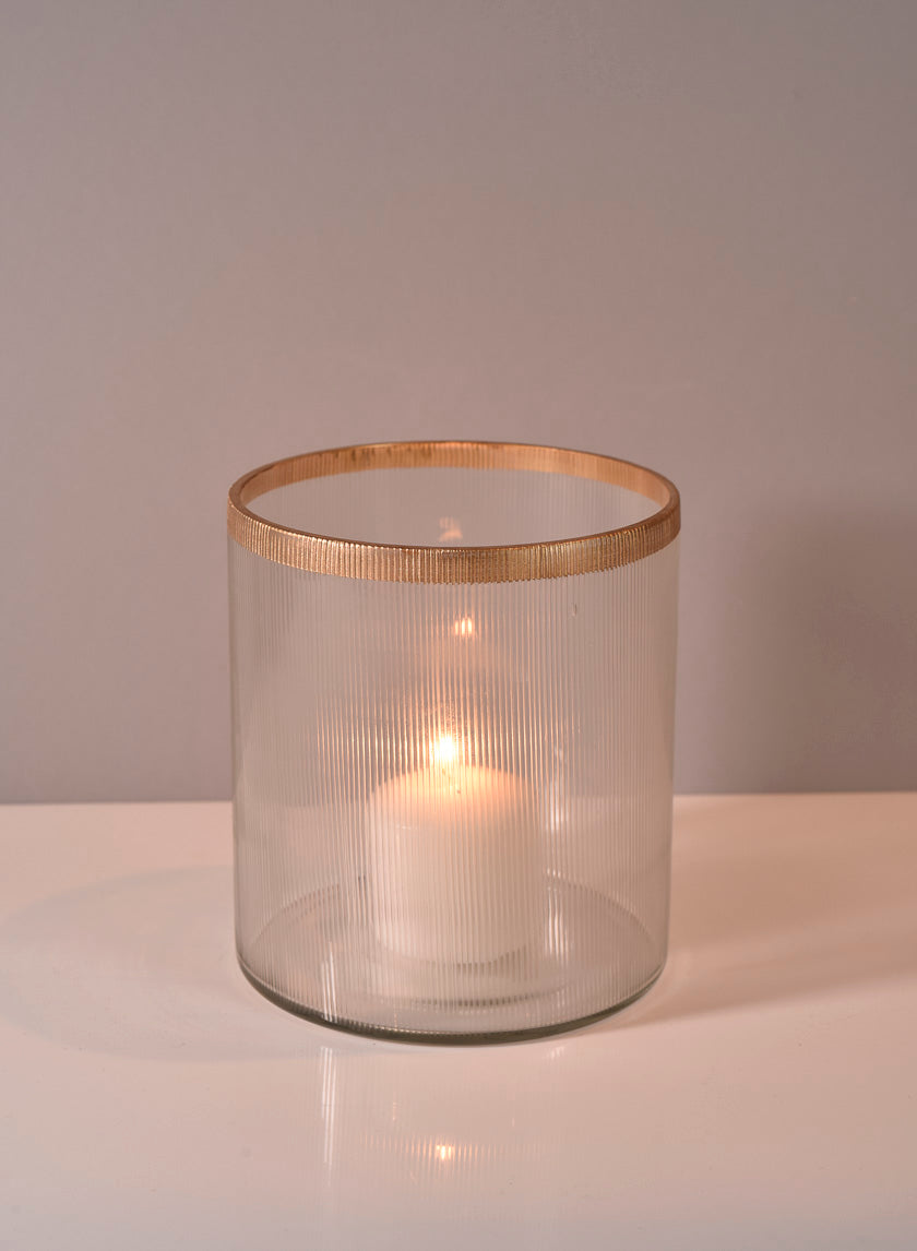 5.5in Tall Gold Rim Ribbed Glass Candle Hurricane Decor Jamali-garden