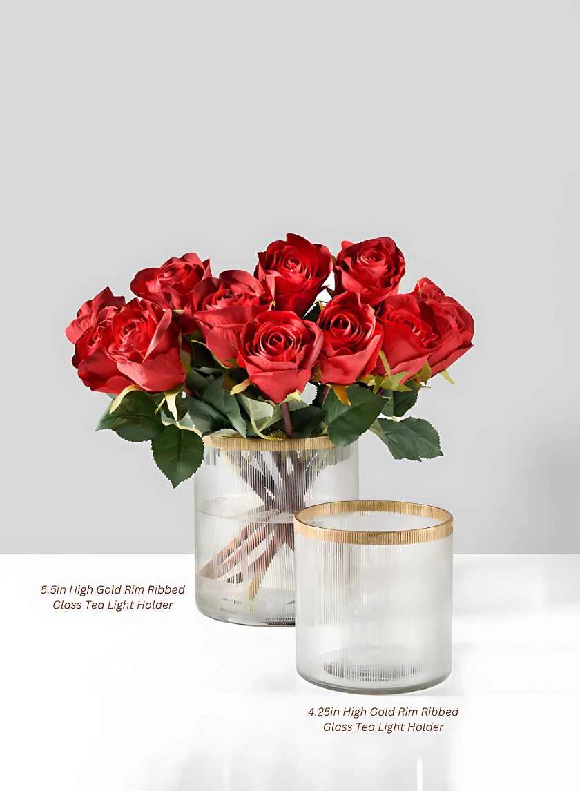 4.25in Tall Gold Rim Ribbed Glass Tea Light Holder Decor Jamali-garden