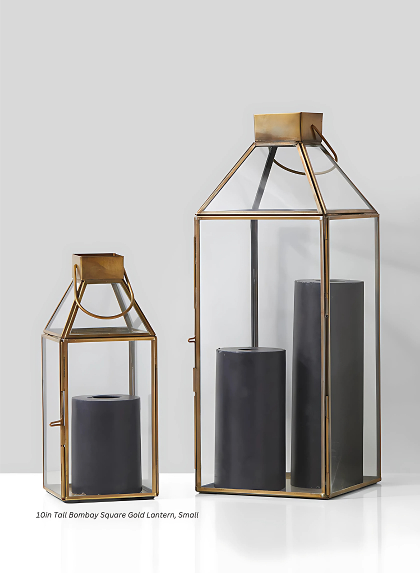 10in Tall Bombay Square Gold Lantern, Small Decor Jamali-garden