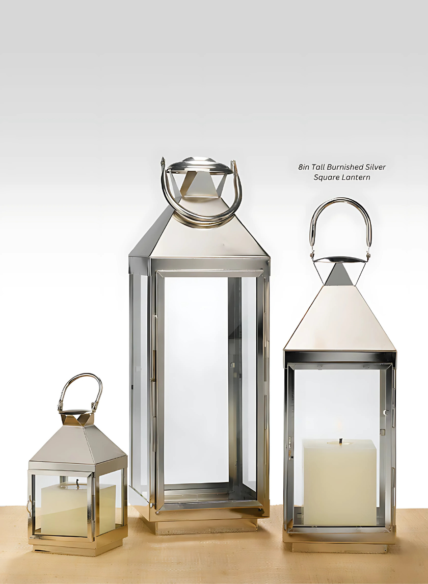 8in Tall Burnished Silver Square Lantern Decor Jamali-garden
