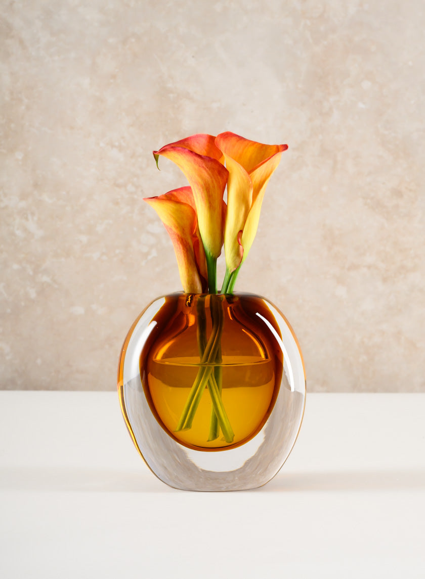 5.5in Tall Norvege Clear and Amber Glow Hand Blown Short Glass Vase Decor Jamali-garden