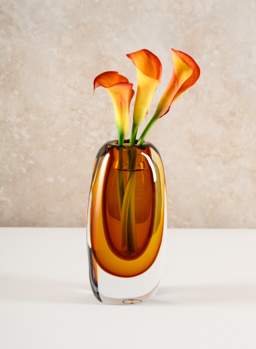 8.5in Tall Norvege Clear and Amber Glow Hand Blown Glass Vase Decor Jamali-garden