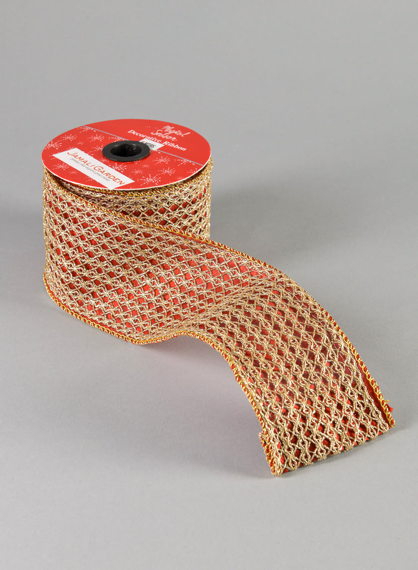 16.40ft Zardozi Red Gold Ribbon Decor Jamali-garden