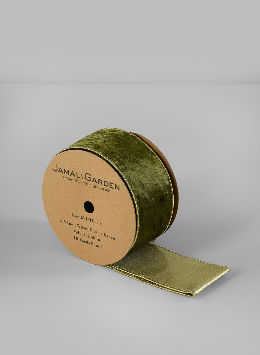 2 1/2in Wired Classic Green Velvet RIbbon ,10 yards Spool Decor Jamali-garden