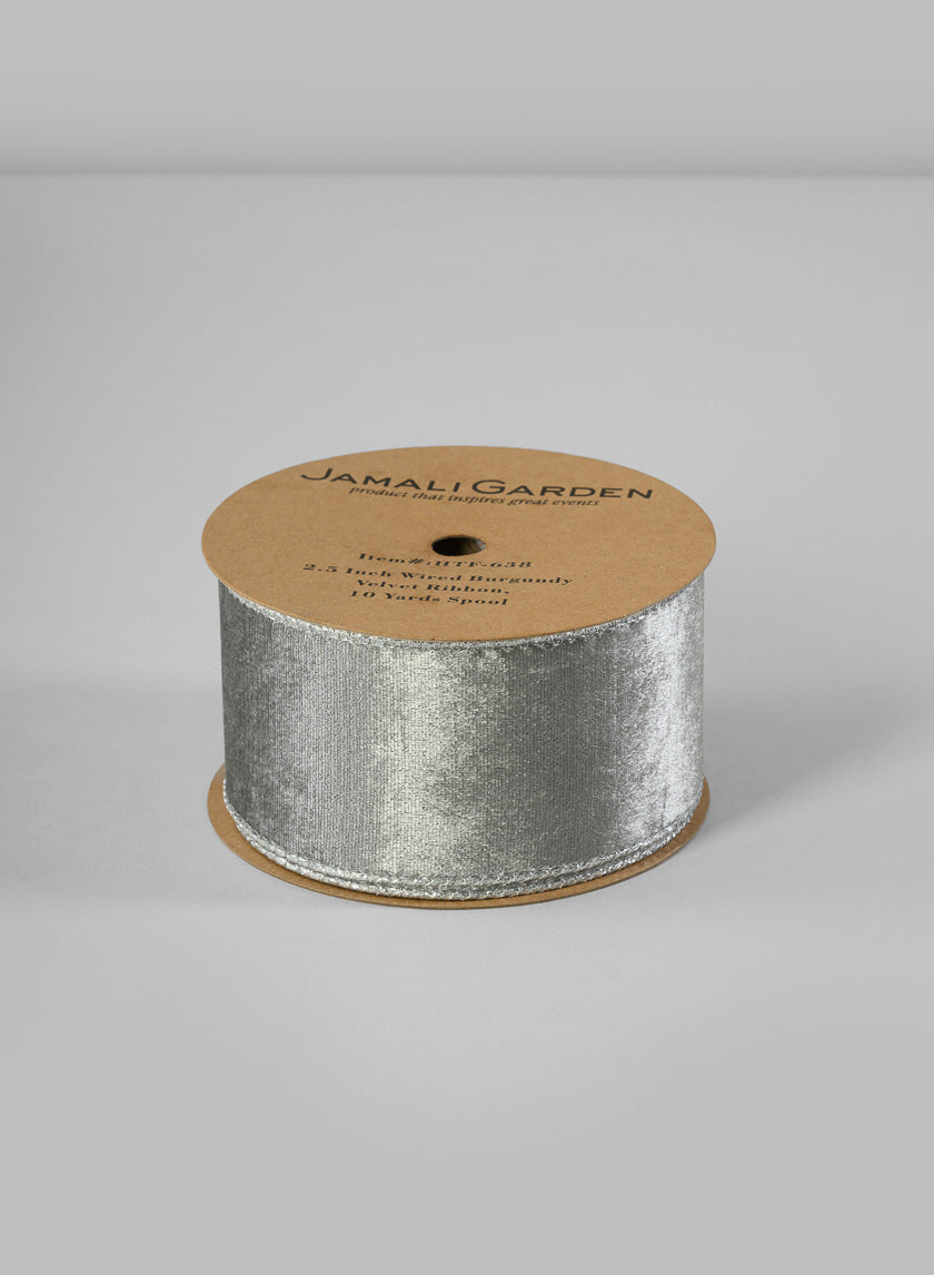 Wired Double Sided Velvet and Glitter Ribbon Decor Jamali-garden Silver 10in EACH