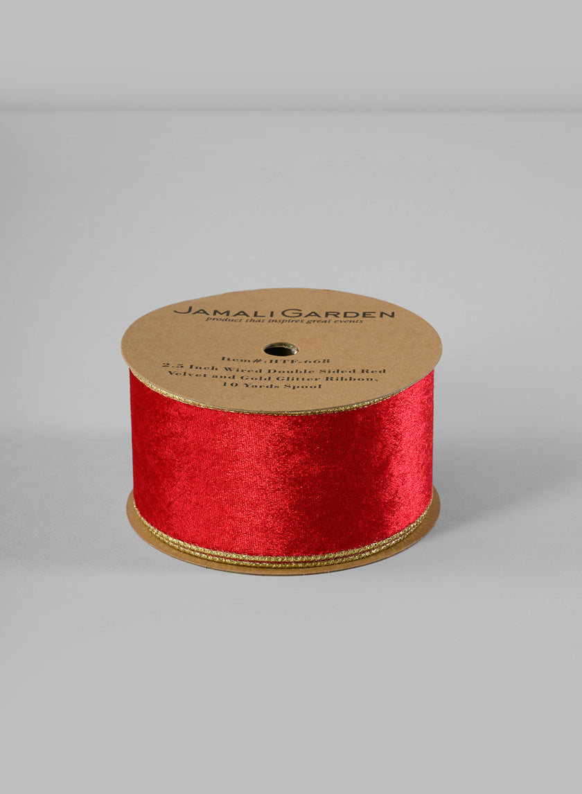Wired Double Sided Velvet and Glitter Ribbon Decor Jamali-garden Red 10in EACH