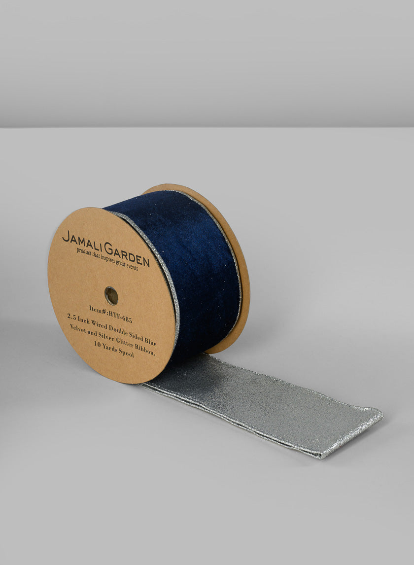 2 1/2in Wired Double Sided Blue Velvet and Silver Glitter Ribbon Decor Jamali-garden
