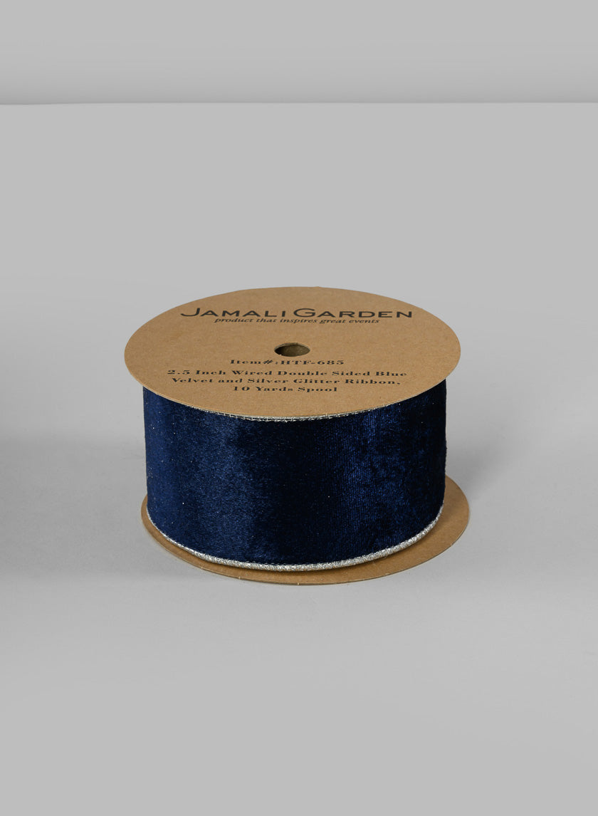 2 1/2in Wired Double Sided Blue Velvet and Silver Glitter Ribbon Decor Jamali-garden