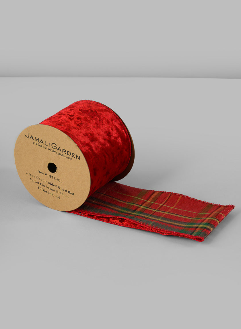 4in Double Sided Wired Red Velvet Christmas Ribbon, 10 Yards Decor Jamali-garden