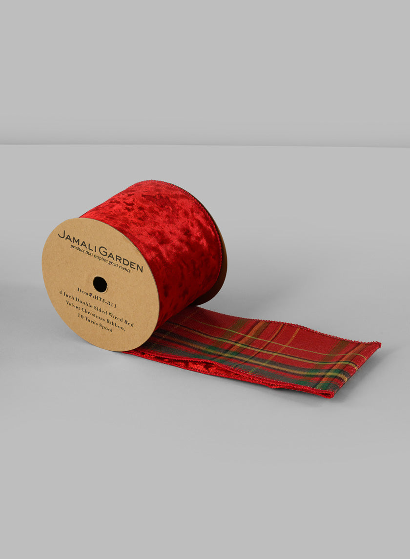 4in Double Sided Wired Red Velvet Christmas Ribbon, 10 Yards Decor Jamali-garden