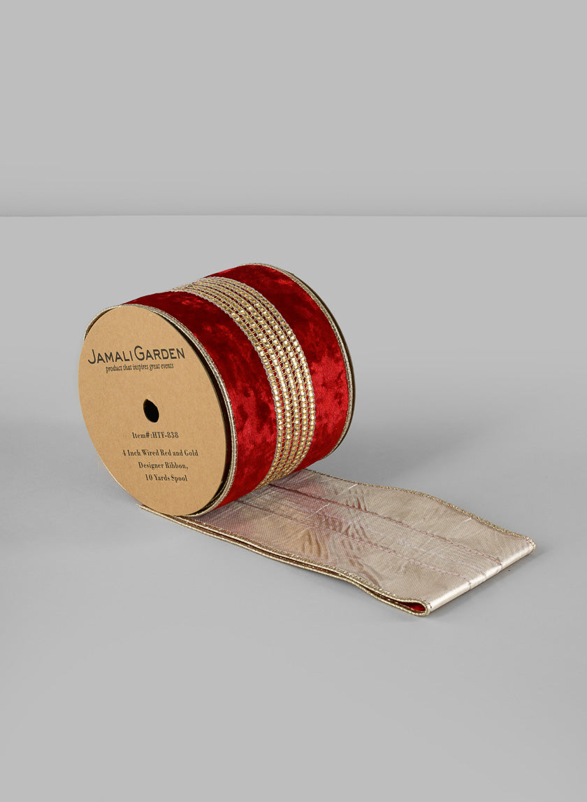 4in Wired Red and Gold Designer Ribbon, 10 yards Spool Decor Jamali-garden