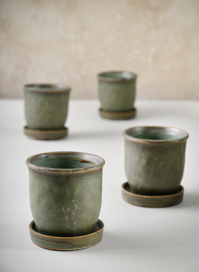3in Tall Azra Aged Green Ceramic Pot with Saucer, Set of 4 Decor Jamali-garden