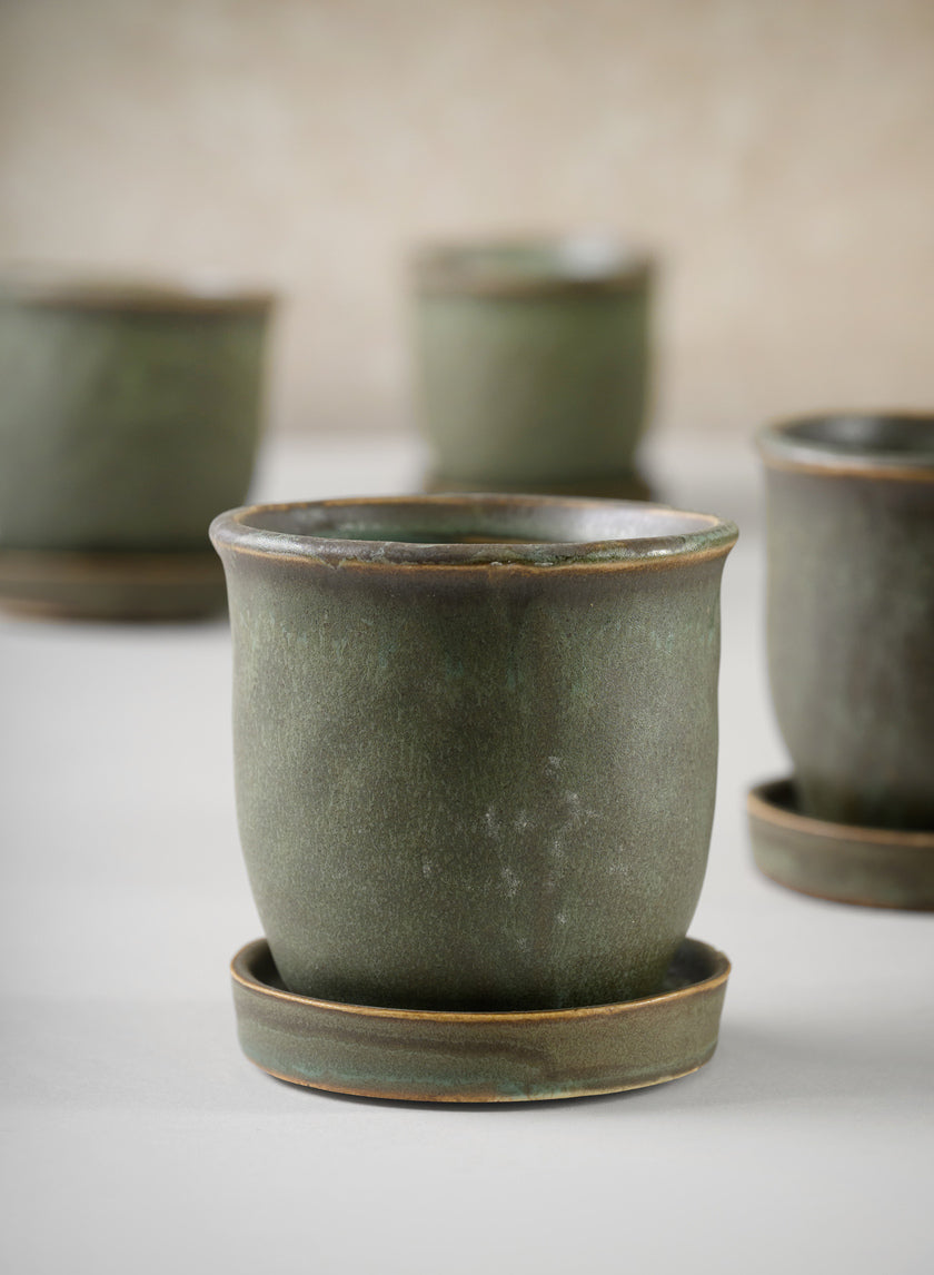 3in Tall Azra Aged Green Ceramic Pot with Saucer, Set of 4 Decor Jamali-garden
