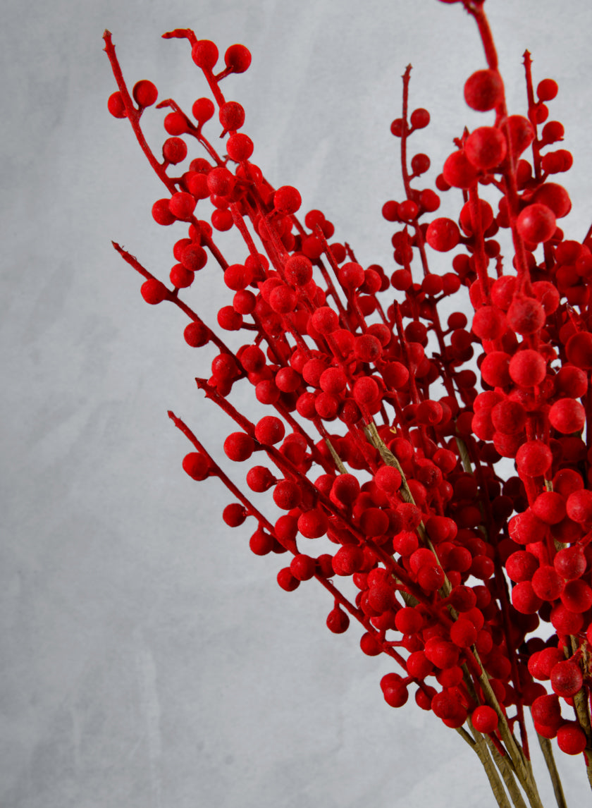 24in Long Red Flocked Berry Stem Decor Jamali-garden