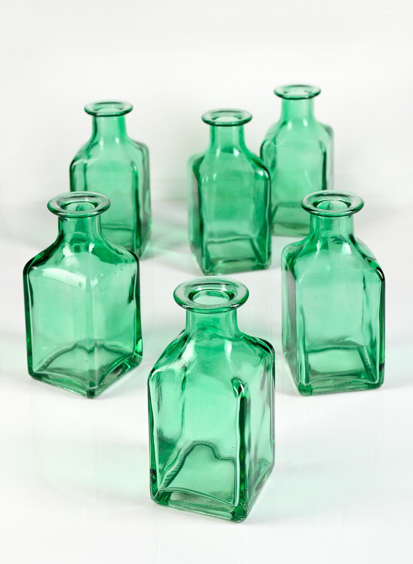 4.5in Tall Mexican Green Glass Square Bottle Bud Vase Decor Jamali-garden