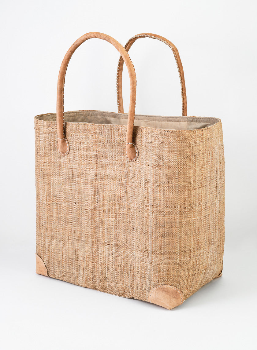 21.5in Tall Natural Raffia Bag With Leather Handles Decor Jamali-garden