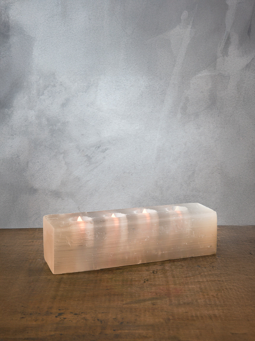 12.5in Long Moroccan Selenite Log For 4 Tea Lights Decor Jamali-garden