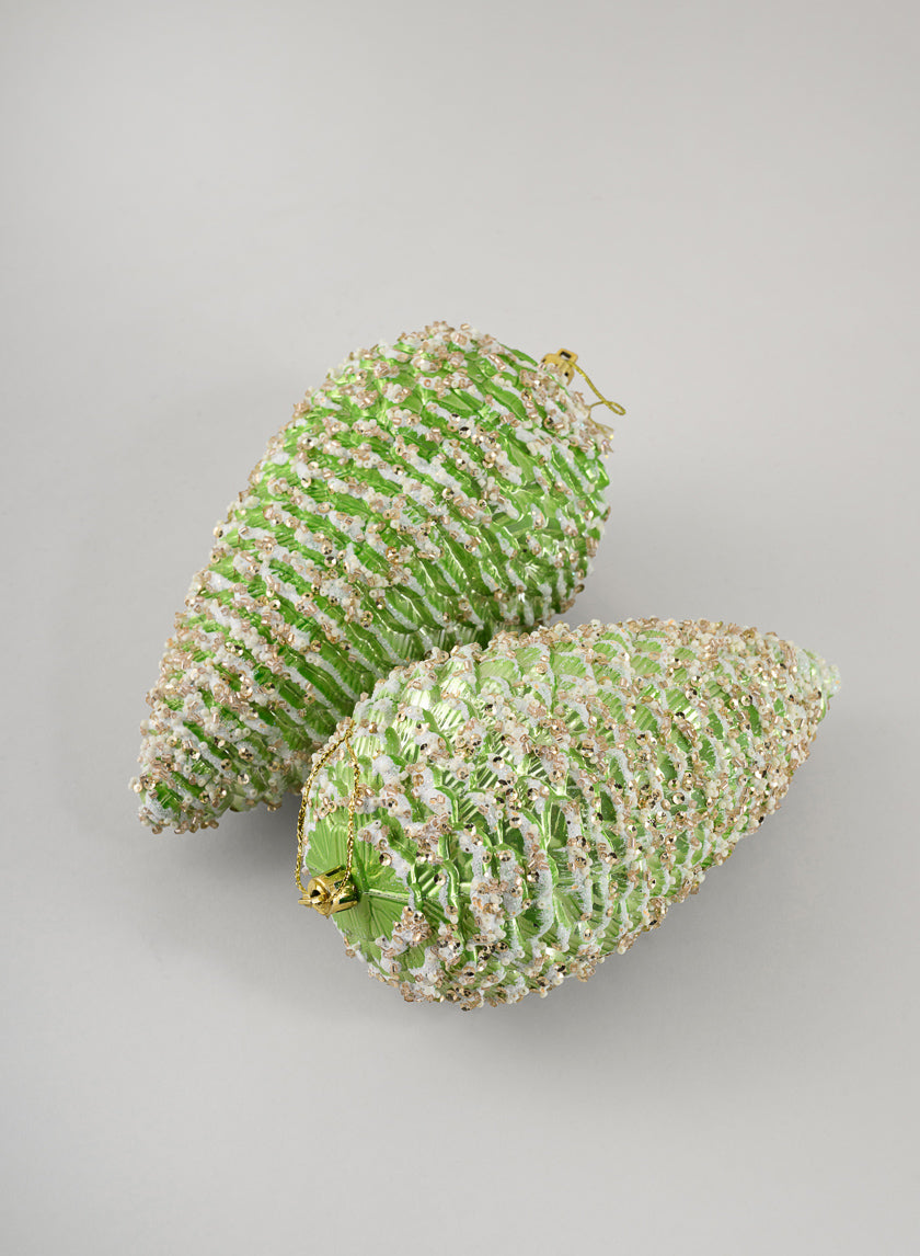 7in Long Glittered Green Tone Pine Cone, Set of 2 Decor Jamali-garden