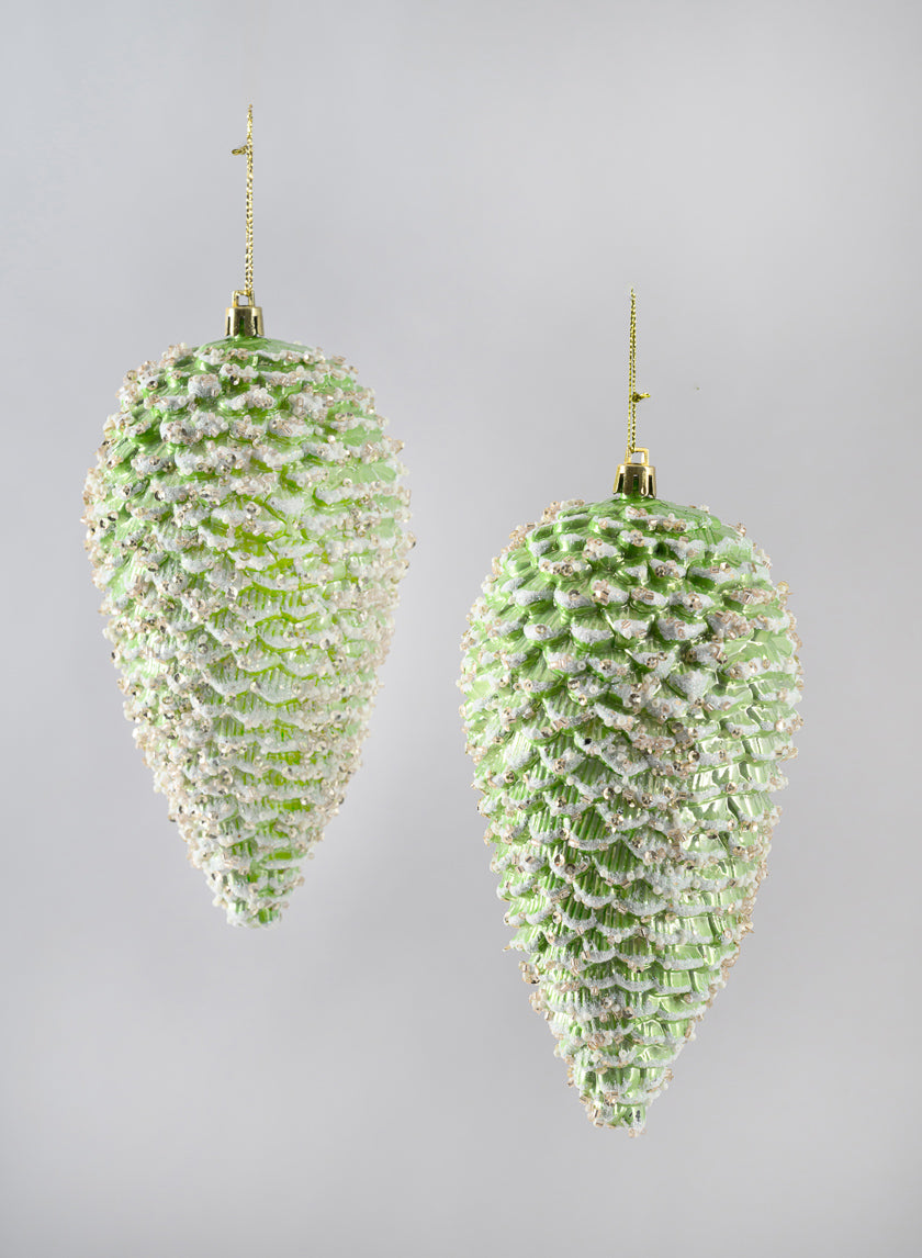 7in Long Glittered Green Tone Pine Cone, Set of 2 Decor Jamali-garden
