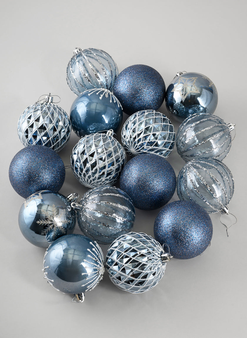 3in Round Blue-Grey Luxe Ornament Collection, Set of 16 Decor Jamali-garden