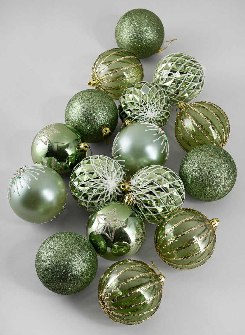 3in Round Celadon Green Luxe Ornament Collection, Set of 16 Decor Jamali-garden