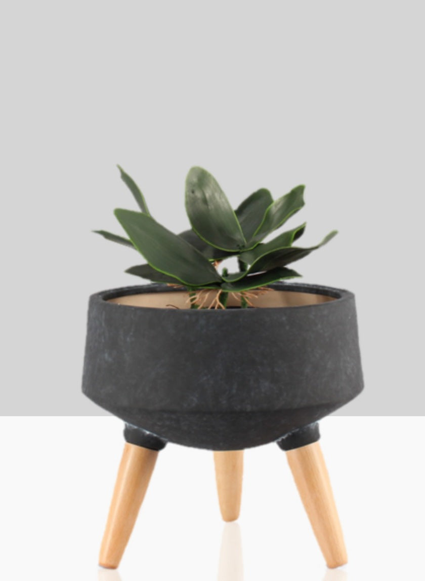 10.25in Tall Breakers Black Ceramic Planter With Beech Wood Legs Decor Jamali-garden