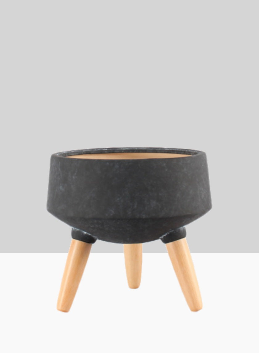 10.25in Tall Breakers Black Ceramic Planter With Beech Wood Legs Decor Jamali-garden