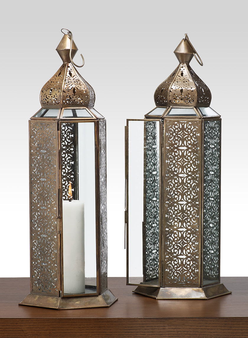 16in Tall Antique Bronze Jaipur Pattern Panel Lantern Decor Jamali-garden