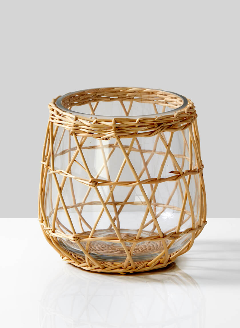 7in Tall Hanoi Market Wicker &amp; Glass Candleholder Decor Jamali-garden