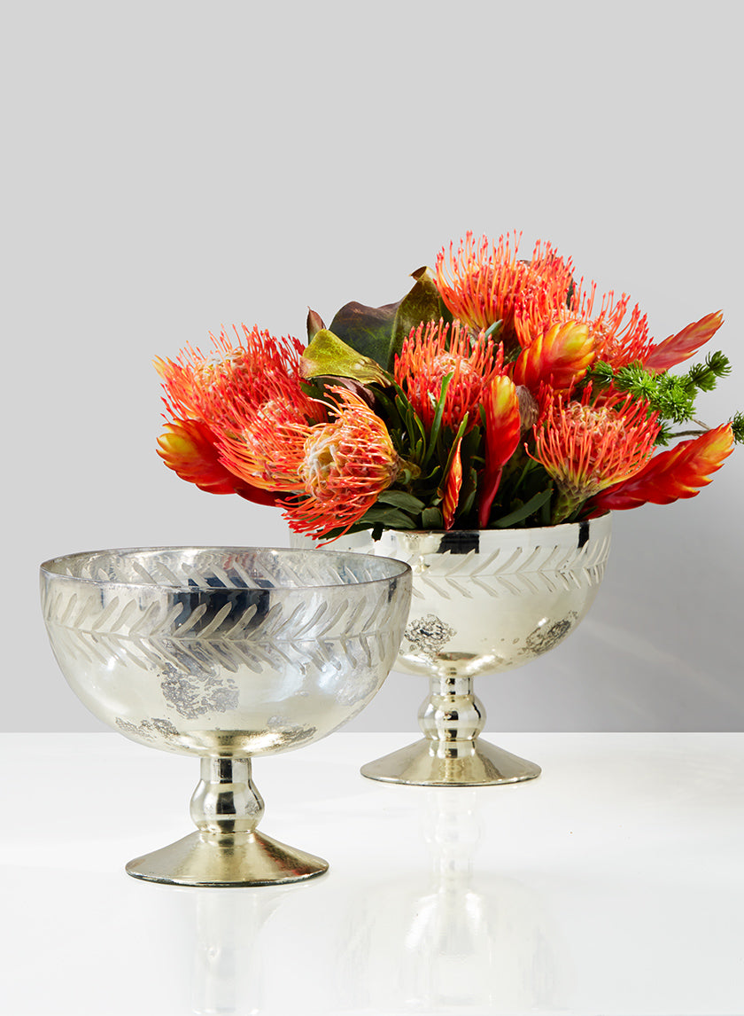 6.5in Tall Etched Leaf Vintage Mercury Glass Bowl Decor Jamali-garden