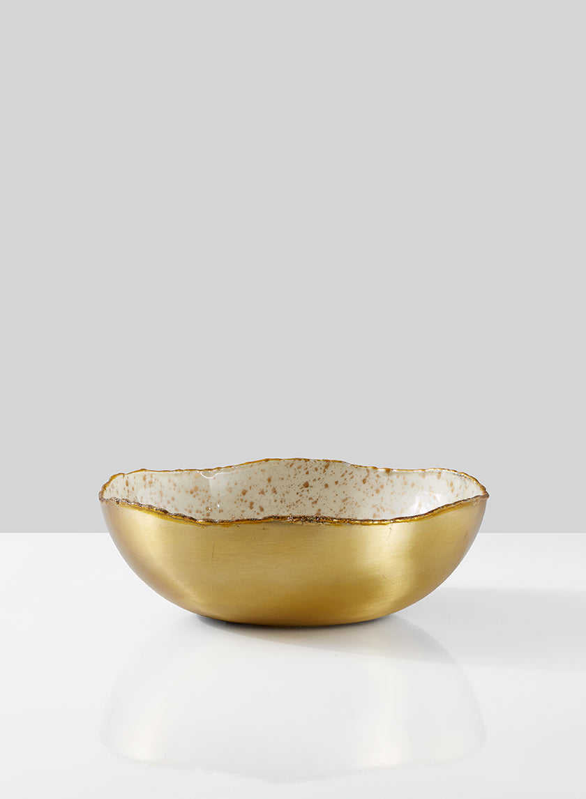8.5in Wide Gold &amp; Ivory Speckled Enamel Bowl Decor Jamali-garden