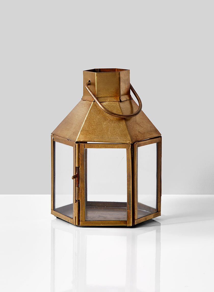 5.5in Tall Rustic Brass Hexagon Lantern Decor Jamali-garden